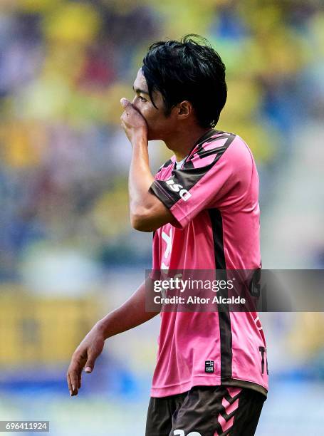 Gaku Shibasaki of CD Tenerife looks on during La Liga Segunda Division between Cadiz CF and CD Tenerife at Estacio Ramon de Carranza on June 15, 2017...