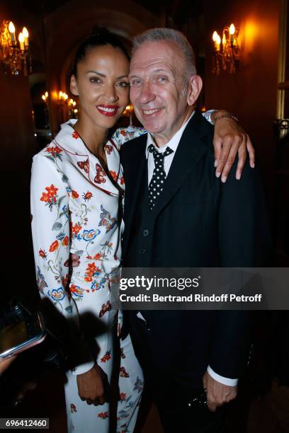 Model Noemie Lenoir and Jean-Paul Gaultier attend the Jean-Paul Gaultier "Scandal" Fragrance Launch at Hotel de Behague on June 15, 2017 in Paris,...