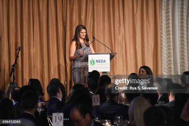 Elizabeth Bliel accepts an award onstage at the 15th Annual Benefit Gala, "An Evening Unmasking Eating Disorders" hosted by The National Eating...