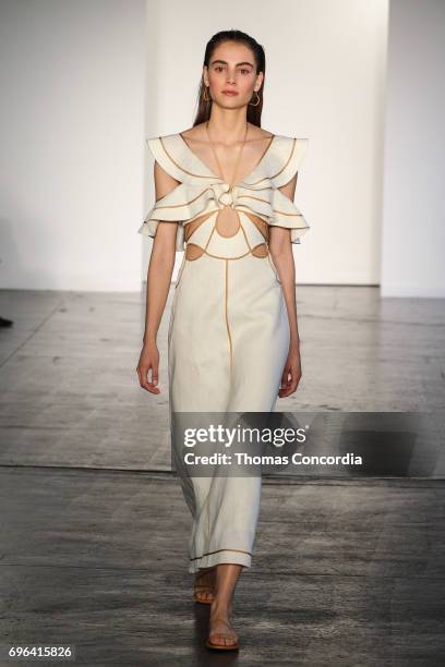 Model walks the runway wearing Zimmermann Resort 2018 at Industria Studios on June 15, 2017 in New York City.