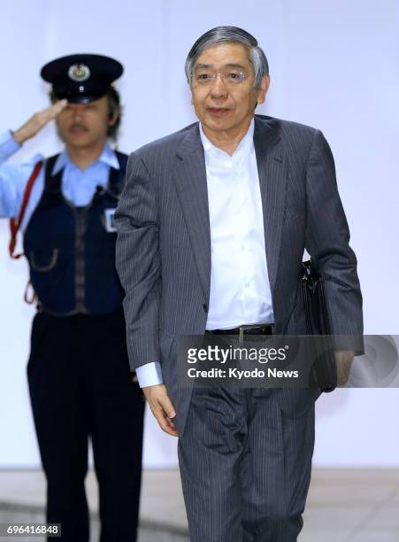 Bank of Japan Governor Haruhiko Kuroda arrives at the BOJ headquarters in Tokyo on June 2017, the last day of a two-day policy meeting. The central...