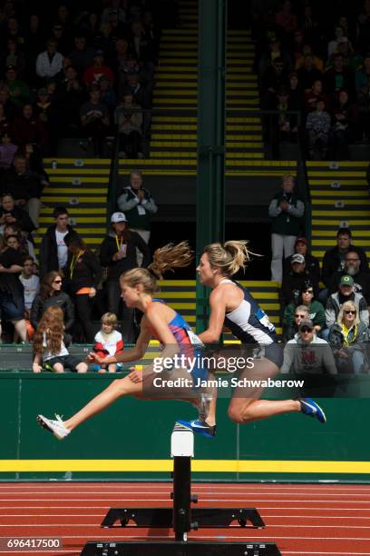 Allie Ostrander of Boise State University and Elinor Purrier of the University of New Hampshire lead the pack in the 3000 meter steeplechase during...