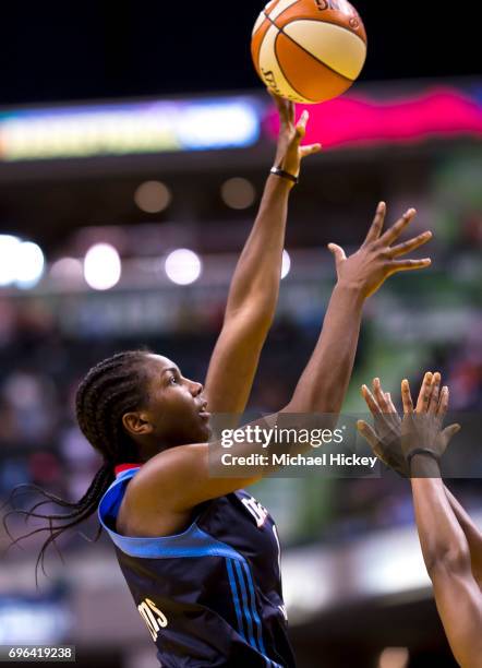 Meighan Simmons of the Atlanta Dream shoots the ball against the Indiana Fever at Bankers Life Fieldhouse on June 15, 2017 in Indianapolis, Indiana.