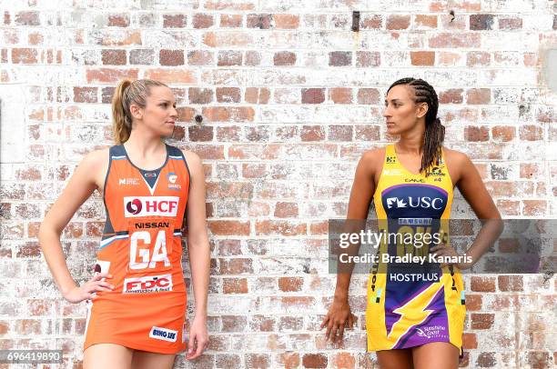 Geva Mentor of the Sunshine Coast Lightning and Jo Harten of the Giants pose for a photo during the Super Netball Grand Final media opportunity at...