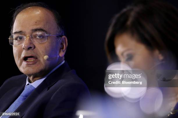 Arun Jaitley, India's finance minister, speaks during a seminar at the Asian Infrastructure Investment Bank annual meeting in Jeju, South Korea, on...