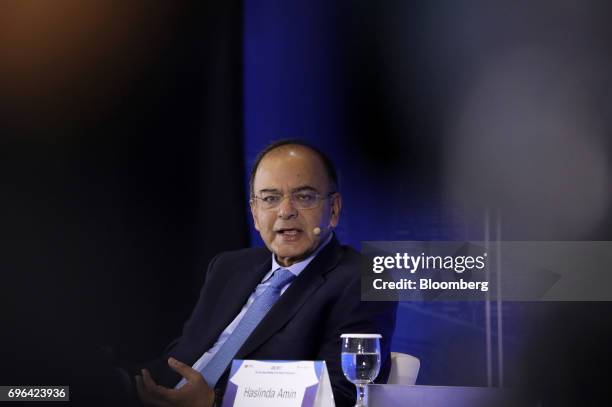 Arun Jaitley, India's finance minister, speaks during a seminar at the Asian Infrastructure Investment Bank annual meeting in Jeju, South Korea, on...