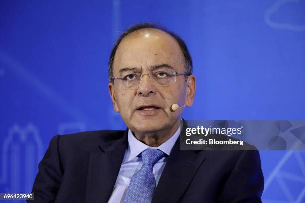 Arun Jaitley, India's finance minister, speaks during a seminar at the Asian Infrastructure Investment Bank annual meeting in Jeju, South Korea, on...