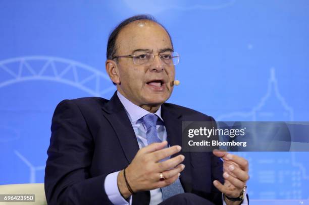 Arun Jaitley, India's finance minister, speaks during a seminar at the Asian Infrastructure Investment Bank annual meeting in Jeju, South Korea, on...
