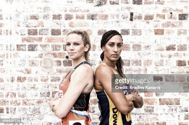 Geva Mentor of the Sunshine Coast Lightning and Jo Harten of the Giants pose for a photo during the Super Netball Grand Final media opportunity at...