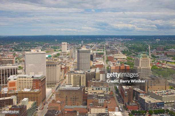 view west from high up in cleveland's downtown - cleveland street stock pictures, royalty-free photos & images