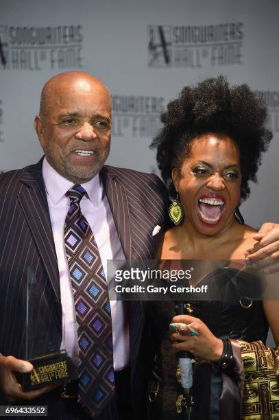Rhonda Ross Kendrick poses with 2017 Inductee Berry Gordy baackstage at the Songwriters Hall Of Fame 48th Annual Induction and Awards at New York...