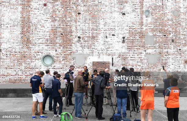 Coach Julie Fitzgerald and Captain Jo Harten of the Giants during the Super Netball Grand Final media opportunity at Brisbane Powerhouse on June 16,...