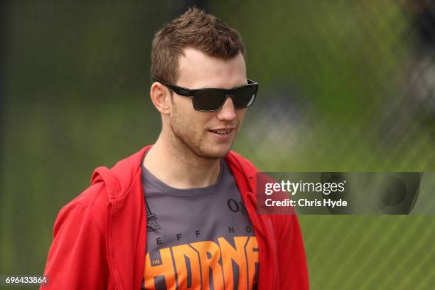 Boxer Jeff Horn visits the Queensland Maroons State of Origin team during a training session at Intercontinental Sanctuary Cove Resort on June 16,...