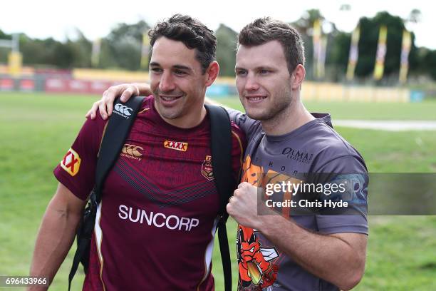 Boxer Jeff Horn poses with Billy Slater during a visit to the Queensland Maroons State of Origin team during a training session at Intercontinental...