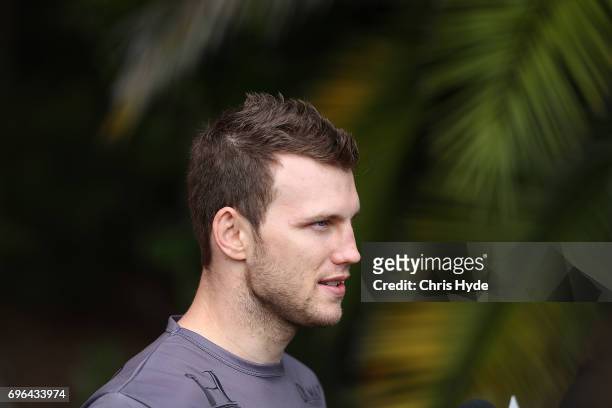 Boxer Jeff Horn visits the Queensland Maroons State of Origin team during a training session at Intercontinental Sanctuary Cove Resort on June 16,...