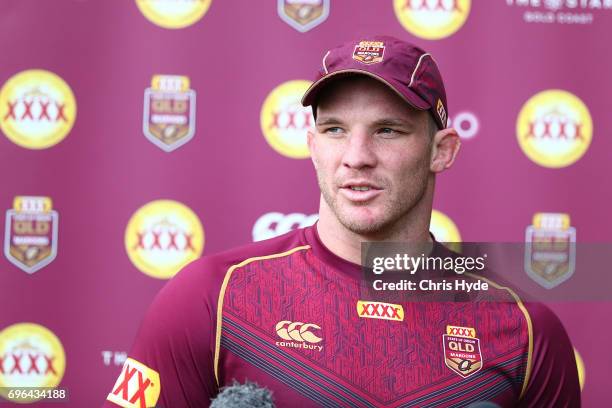 Josh McGuire speaks to media during a Queensland Maroons State of Origin training session at Intercontinental Sanctuary Cove Resort on June 16, 2017...