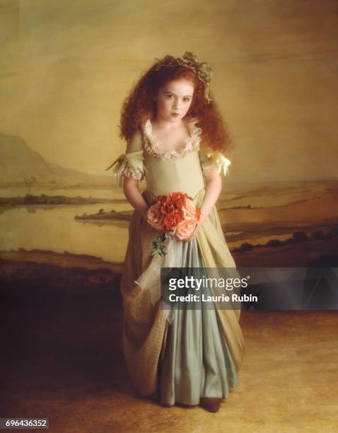 a classic portrait -red heagirl holding flowers fine art portrait - renaissance pattern stock pictures, royalty-free photos & images