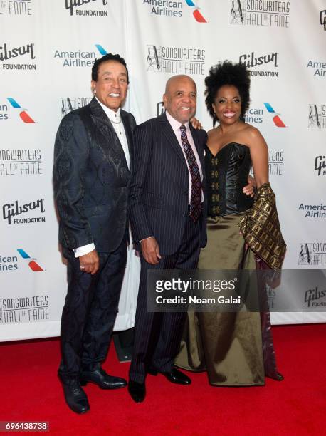Smokey Robinson, Berry Gordy, and Rhonda Ross Kendrick attend the 48th Annual Songwriters Hall Of Fame Induction and Awards Gala at New York Marriott...