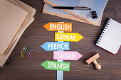 languages concept, English, Italian, German, French, Spanish. Paper signpost on a wooden desk