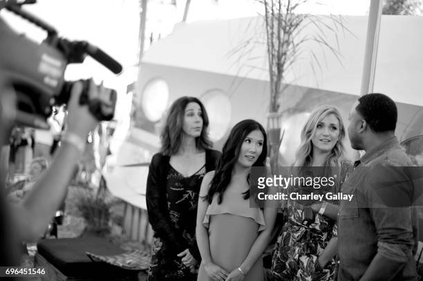 Actors Brooke Dillman, Ally Maki and Jessica Lowe are interviewed at the "Wrecked" Press Influencer Event on June 15, 2017 in Marina del Rey,...