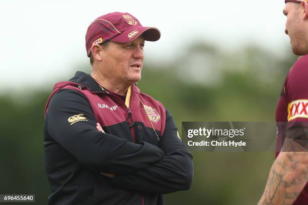 Coach Kevin Walters talks to players during a Queensland Maroons State of Origin training session at Intercontinental Sanctuary Cove Resort on June...