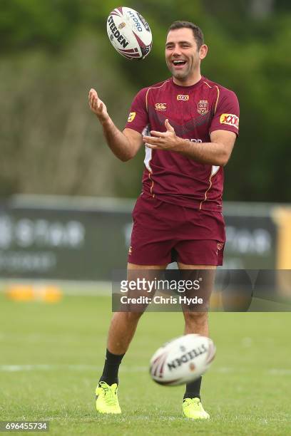 Cameron Smith passes during a Queensland Maroons State of Origin training session at Intercontinental Sanctuary Cove Resort on June 16, 2017 in...