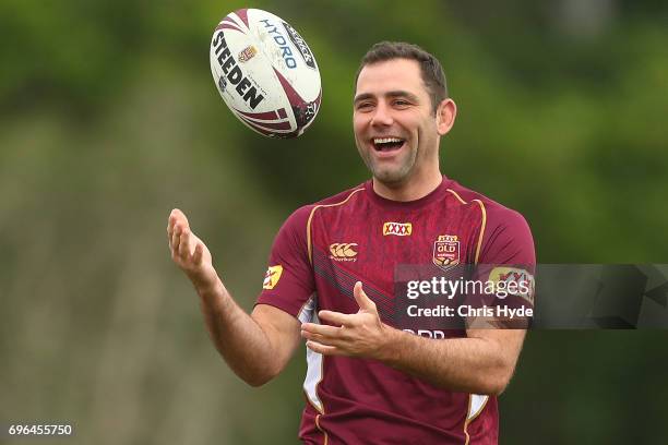 Cameron Smith passes during a Queensland Maroons State of Origin training session at Intercontinental Sanctuary Cove Resort on June 16, 2017 in...