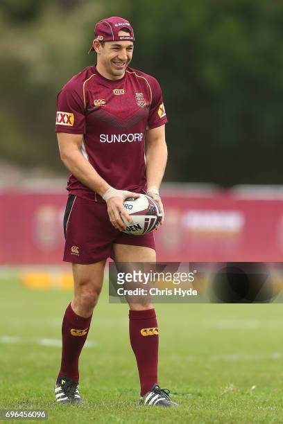 Billy Slater looks on during a Queensland Maroons State of Origin training session at Intercontinental Sanctuary Cove Resort on June 16, 2017 in...
