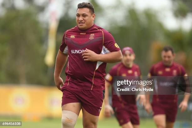 Josh Papalii runs during a Queensland Maroons State of Origin training session at Intercontinental Sanctuary Cove Resort on June 16, 2017 in...