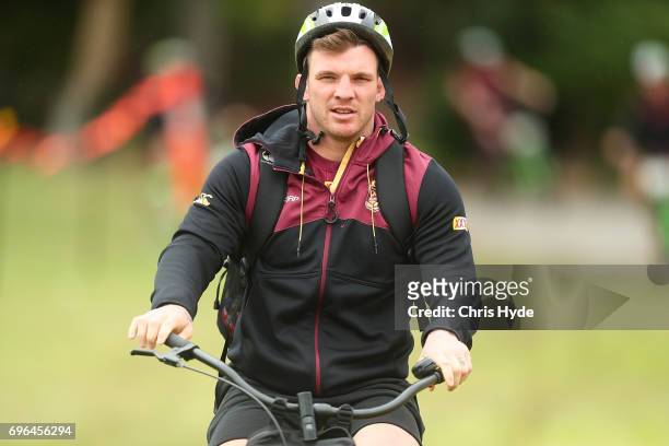Josh McGuire arrives for the Queensland Maroons State of Origin training session at Intercontinental Sanctuary Cove Resort on June 16, 2017 in...