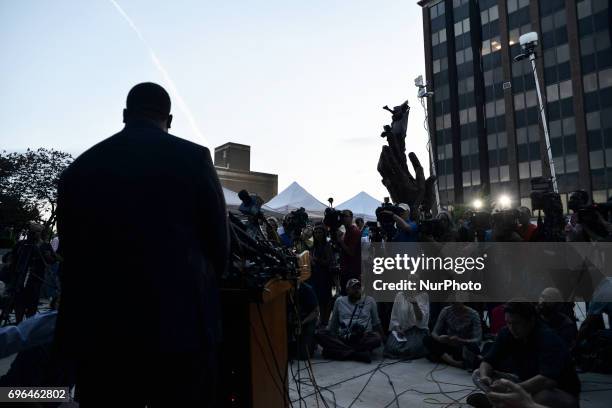 Andrew Wyatt, spokesperson for entertainer Bill Cosby, provides an update outside Montgomery Courthouse during the fourth day of jury deliberations...