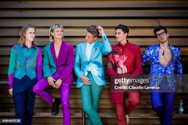 Group of guests are seen in Pitti Immagine Uomo 92. At Fortezza Da Basso on June 14, 2017 in Florence, Italy.