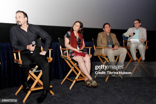 Fellows Nejib Belkadhi, Anna Maria, Hossam Elouan and Film Independent President Josh Welsh speak onstage at the Global Media Makers screening &...