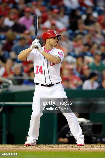 Chris Heisey of the Washington Nationals bats against the Philadelphia Phillies at Nationals Park on May 14, 2017 in Washington, DC.