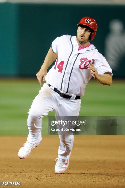 Chris Heisey of the Washington Nationals runs the bases against the Philadelphia Phillies at Nationals Park on May 14, 2017 in Washington, DC.