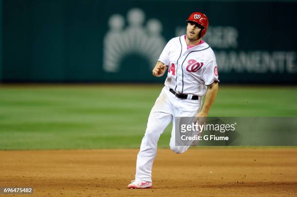 Chris Heisey of the Washington Nationals runs the bases against the Philadelphia Phillies at Nationals Park on May 14, 2017 in Washington, DC.