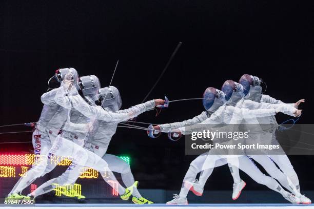 Kim Jiyeon and Seo Jiyeon of South Korea during the Asian Fencing Championships 2017 on June 15, 2017 in Hong Kong, Hong Kong.