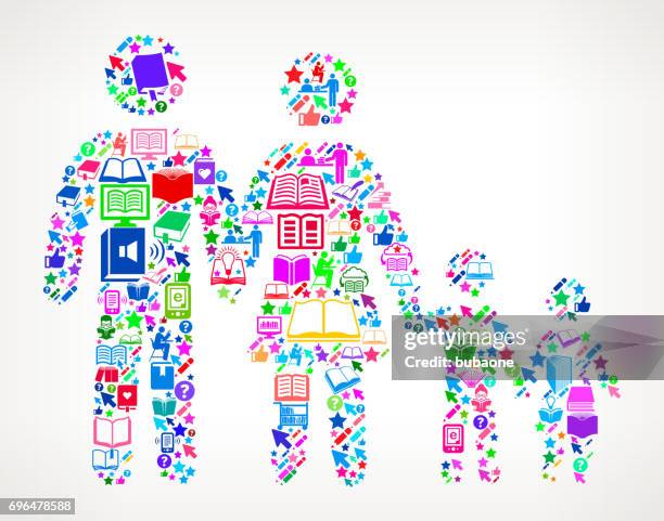 familie das lesen von büchern und bildung vektor icon hintergrund - piktogramm collage stock-grafiken, -clipart, -cartoons und -symbole