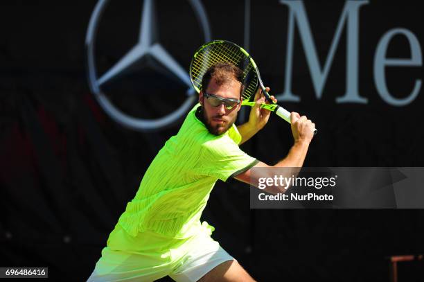 Jerzy Janowicz during a match against Grigor Dimitrov in the round of eight of the Mercedes Cup in Stuttgart, Germany on June 15, 2017.