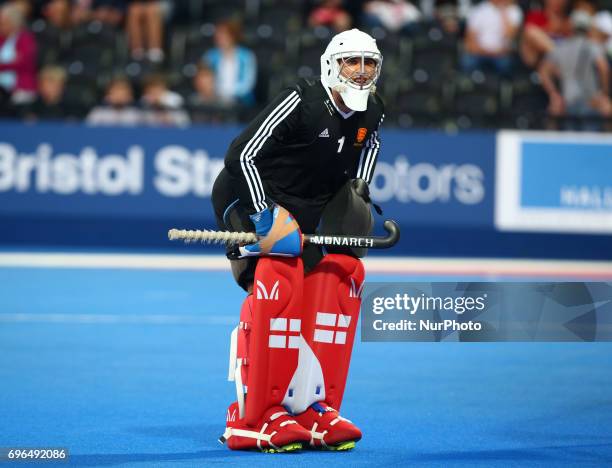 George Pinner of England during The Men's Hockey World League 2017 Group A match between England and Chinaat The Lee Valley Hockey and Tennis Centre...