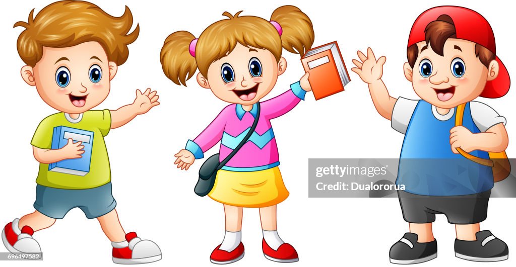 Dibujos Animados De Los Niños De Escuela Feliz Ilustración de stock - Getty  Images