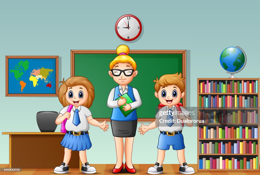 Cartoon Female Teacher And Students In School Uniform At Classroom High-Res  Vector Graphic - Getty Images