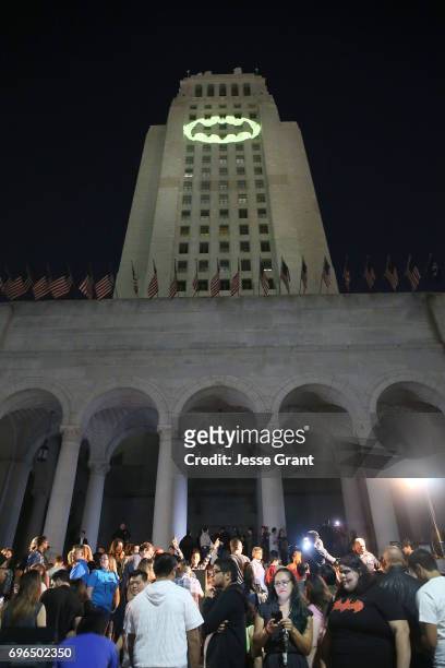 General view of ceremonial Bat-signal is projected onto Los Angeles City Hall in tribute to 'Batman' TV series star Adam West on June 15, 2017 in Los...