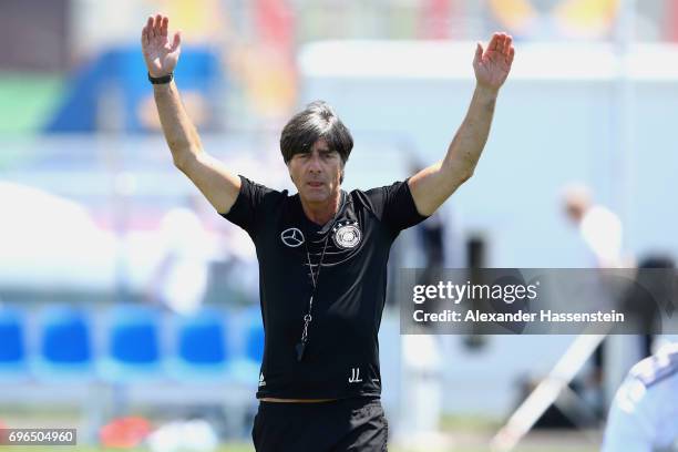Joachim Loew, head coach of the German national team reacts during a training session at Park Arena training ground on June 16, 2017 in Sochi, Russia.