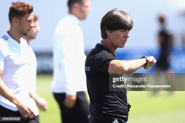 Joachim Loew, head coach of the German national team looks on during a training session at Park Arena training ground on June 16, 2017 in Sochi,...