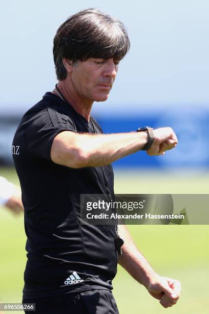 Joachim Loew, head coach of the German national team looks on during a training session at Park Arena training ground on June 16, 2017 in Sochi,...