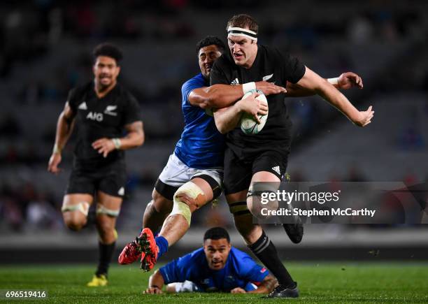 Auckland , New Zealand - 16 June 2017; Brodie Retallick of New Zealand is tackled by Alafoti Faosiliva of Samoa during the International Test match...