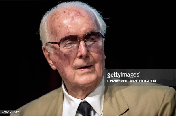 French fashion designer Hubert de Givenchy attends a press conference to present an exhibition dedicated to his 40-year career on June 15, 2017 at...