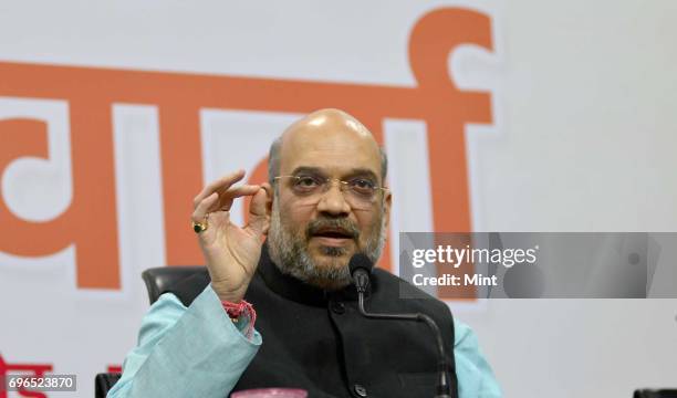 Amit Shah addressing the media on completion of three years of NDA govt in the centre .