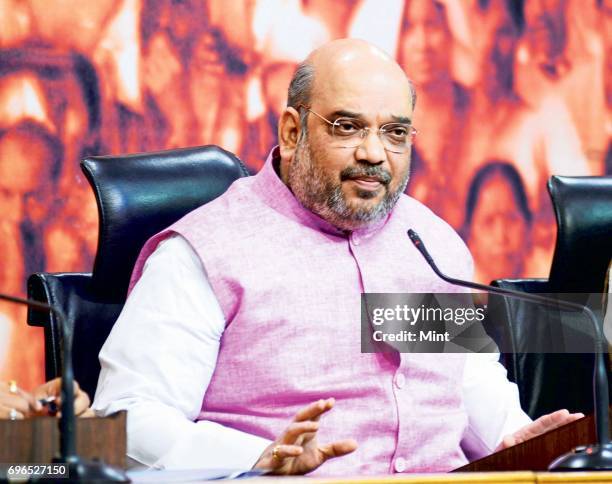 Amit Shah addressing the media on completion of three years of NDA govt in the centre .